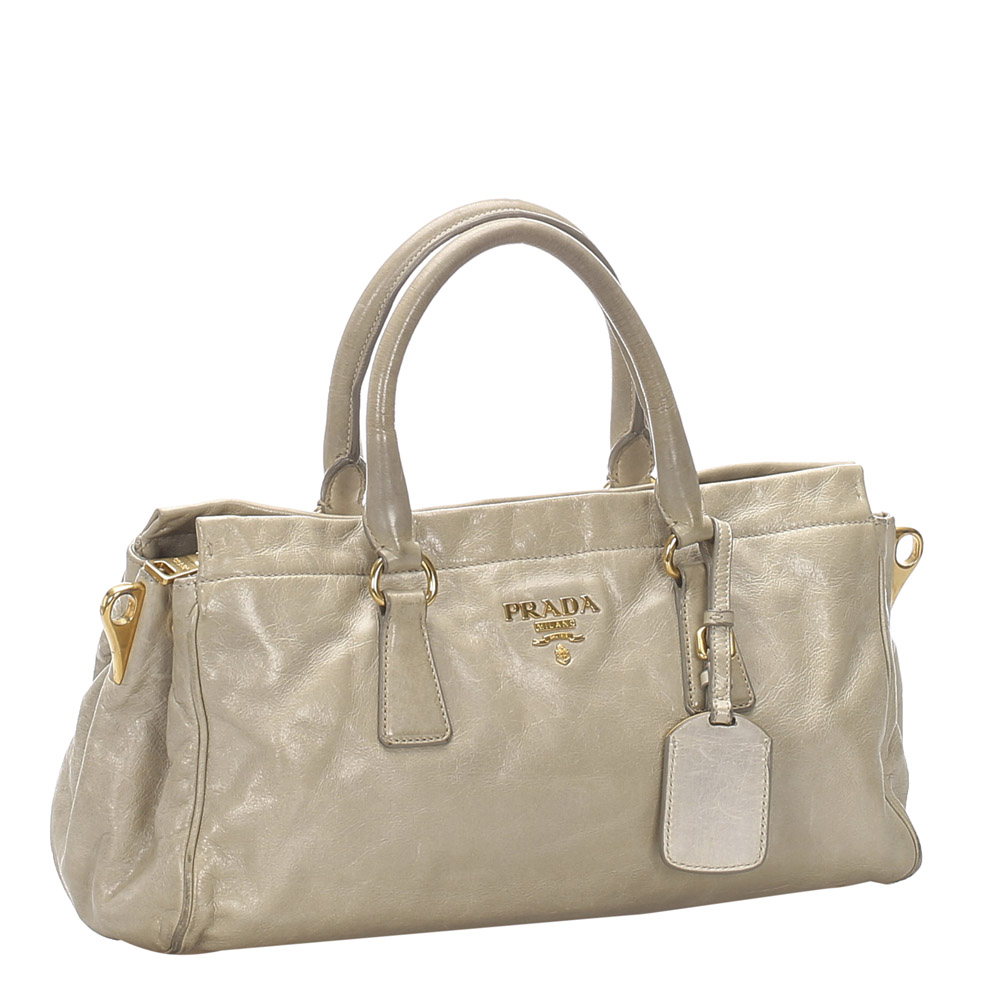 

Prada Brown Vitello Shine Leather Top Handle Bag, Beige