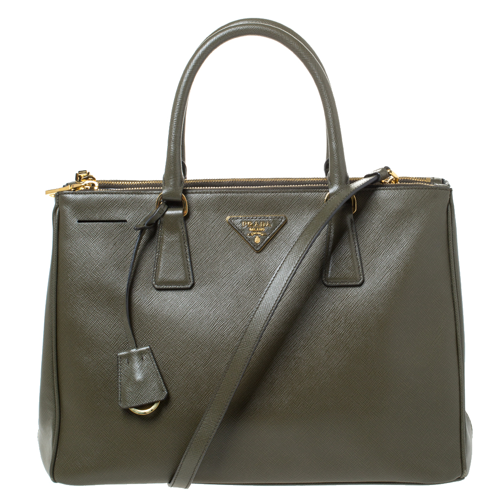 Pre Owned Prada Khaki Green Saffiano Lux Leather Medium Galleria Double Zip Tote