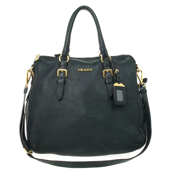 مملوكة مسبقًا Prada Dark Green Leather Logo Detail Top Handle Bag