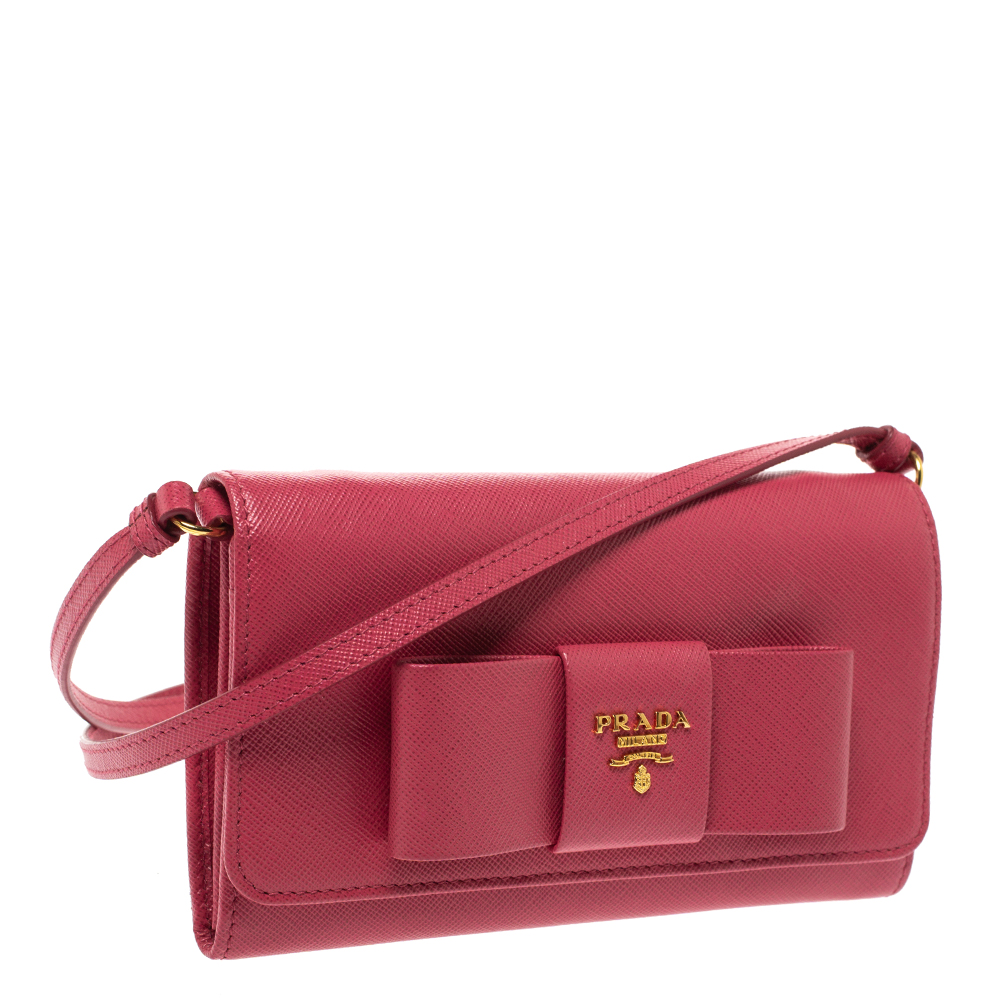 Prada Pink Saffiano Lux Leather Bow Wallet On Chain Prada | TLC
