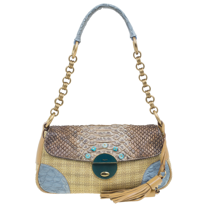 Pre Owned Prada Beige Python Stitched Paglia Twist Shoulder Bag