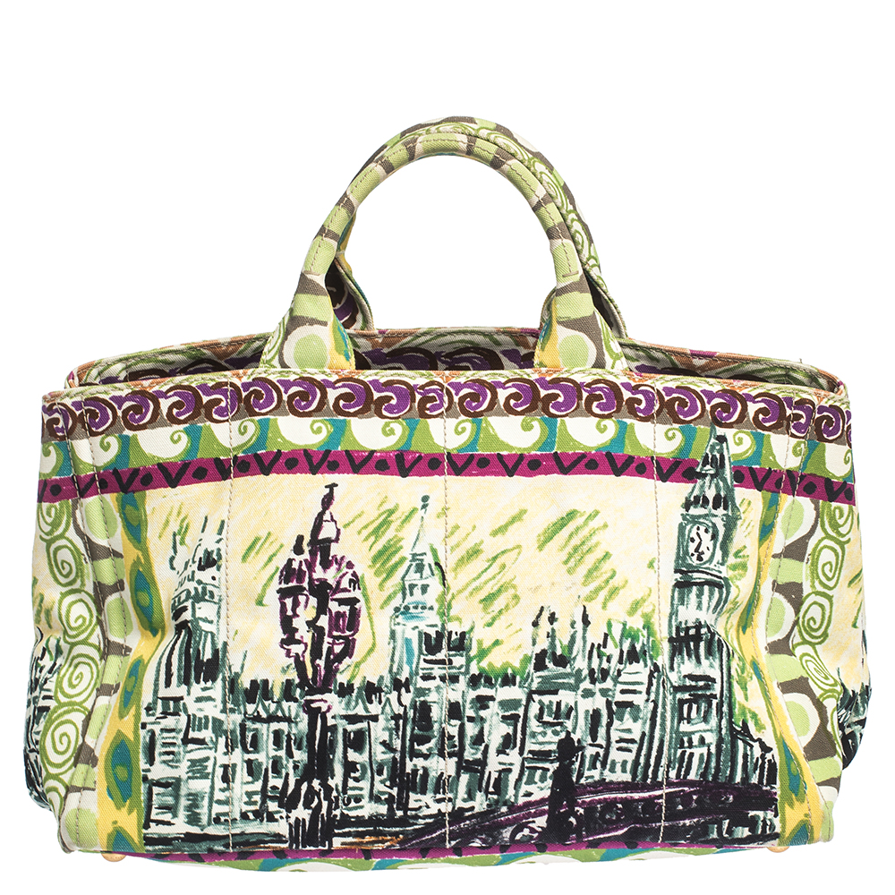 Prada Multicolor Printed Canapa Canvas Convertible Tote     