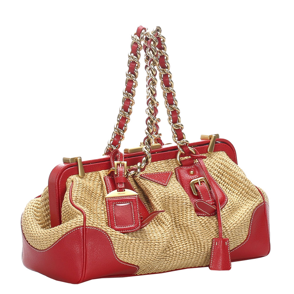 

Prada Brown/Red Raffia Frame Canvas Shoulder Bag