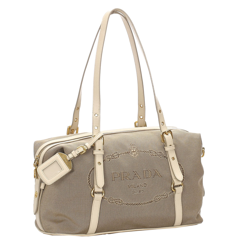 

Prada Brown/White Canvas Canapa Shoulder Bag, Beige