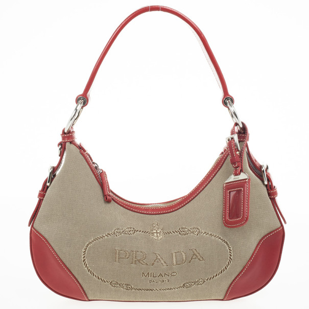 مملوكة مسبقًا Prada Red Trim Logo Jacquard Hobo Bag