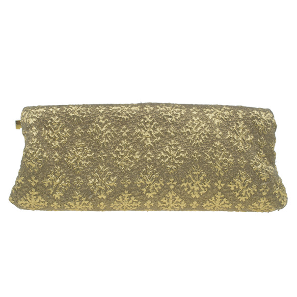 Pre Owned Prada Gold Fabric Floral Brocade Clutch