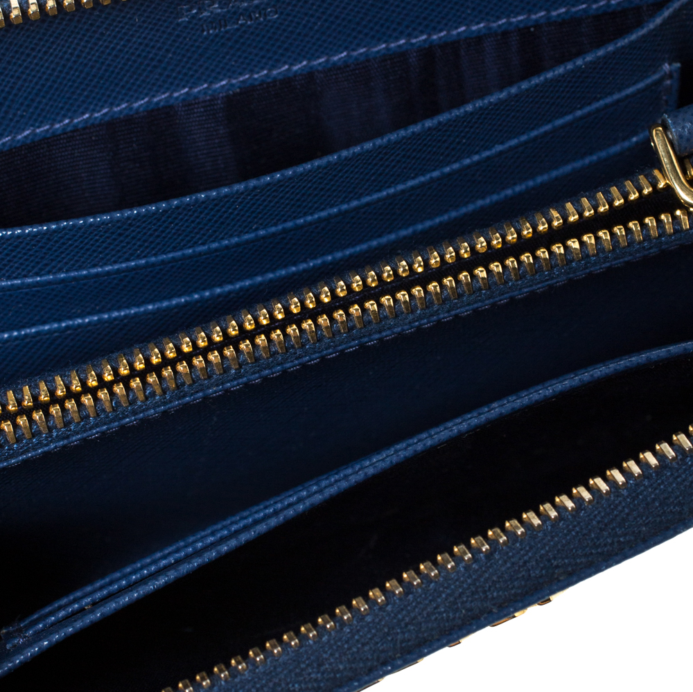 

Prada Blue Saffiano Lux Leather Zip Around Wallet
