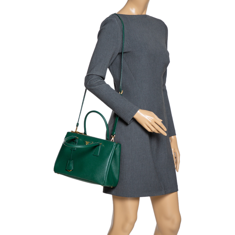 

Prada Green Saffiano Leather Small Double Zip Tote