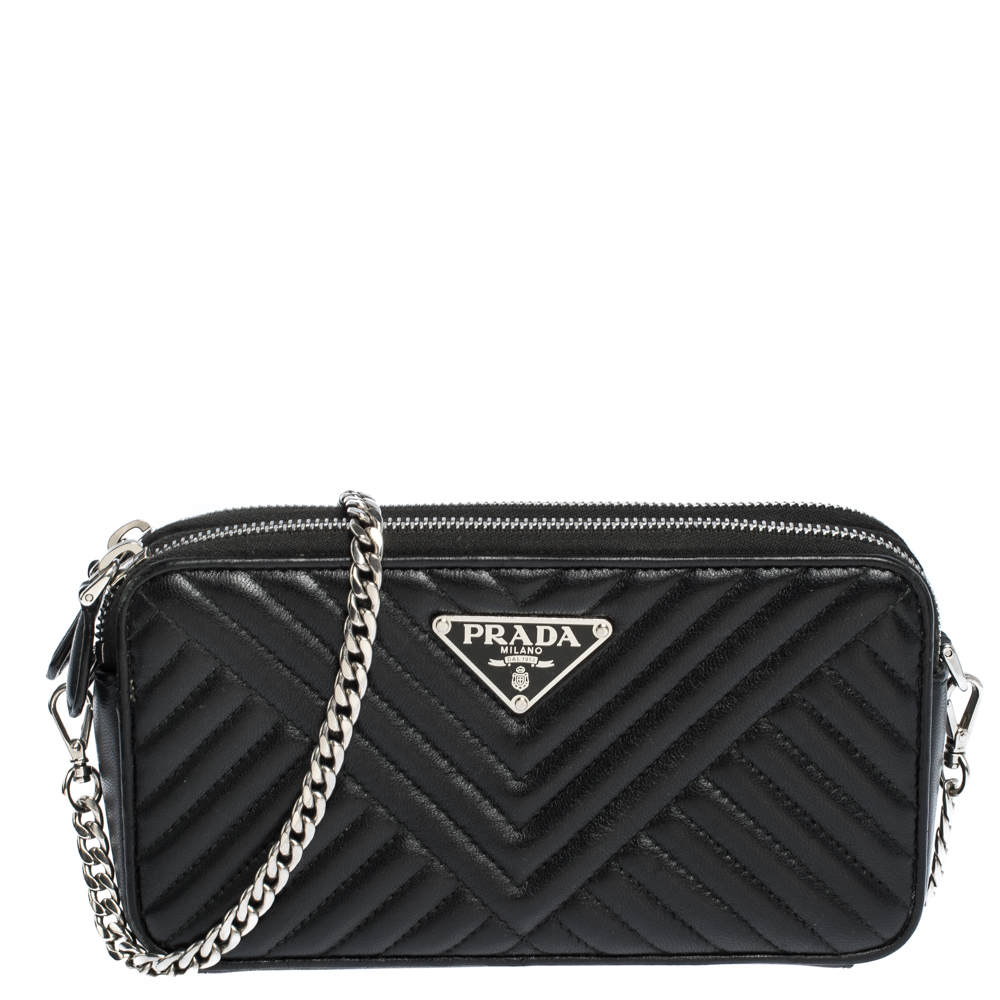 Pre Owned Prada Black Diagramme Leather Double Zip Shoulder Bag