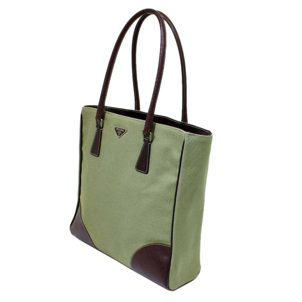 

Prada Moss Green/Brown Canvas Leather Tote Bag
