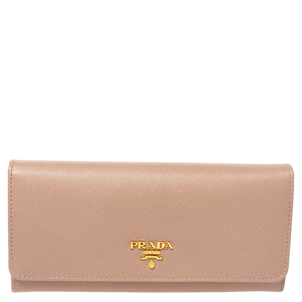 Pre Owned Prada Nude Saffiano Lux Leather Flap Continental Wallet