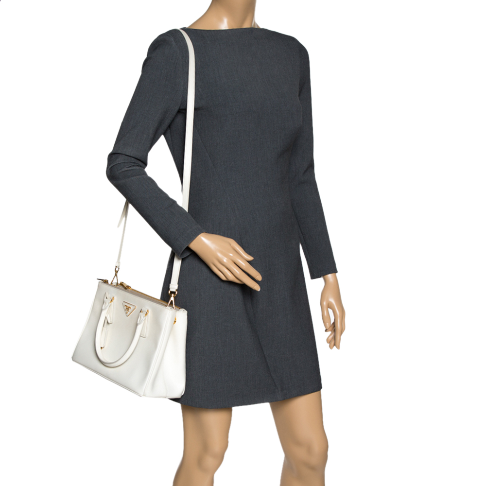 

Prada White Saffiano Lux Leather Small Double Zip Tote