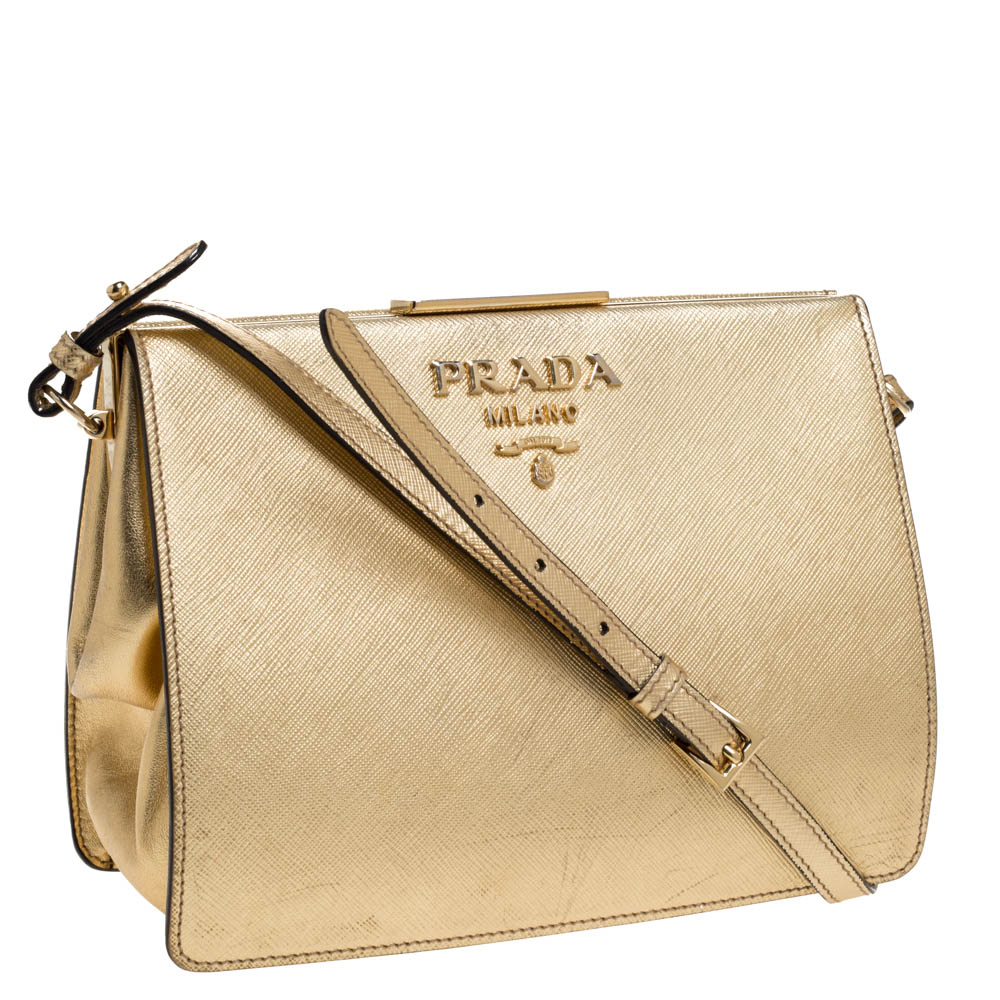 Prada Gold Saffiano Lux Leather Light Frame Shoulder Bag Prada TLC