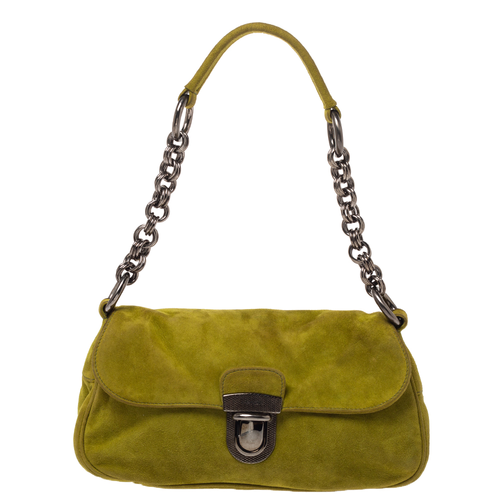 Prada Green Suede Flap Baguette Bag Prada | The Luxury Closet