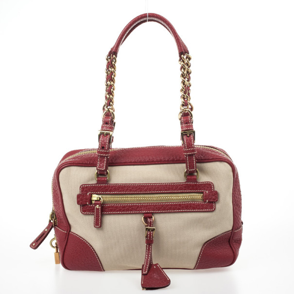 Pre Owned Prada Red Leather and Canvas Satchel