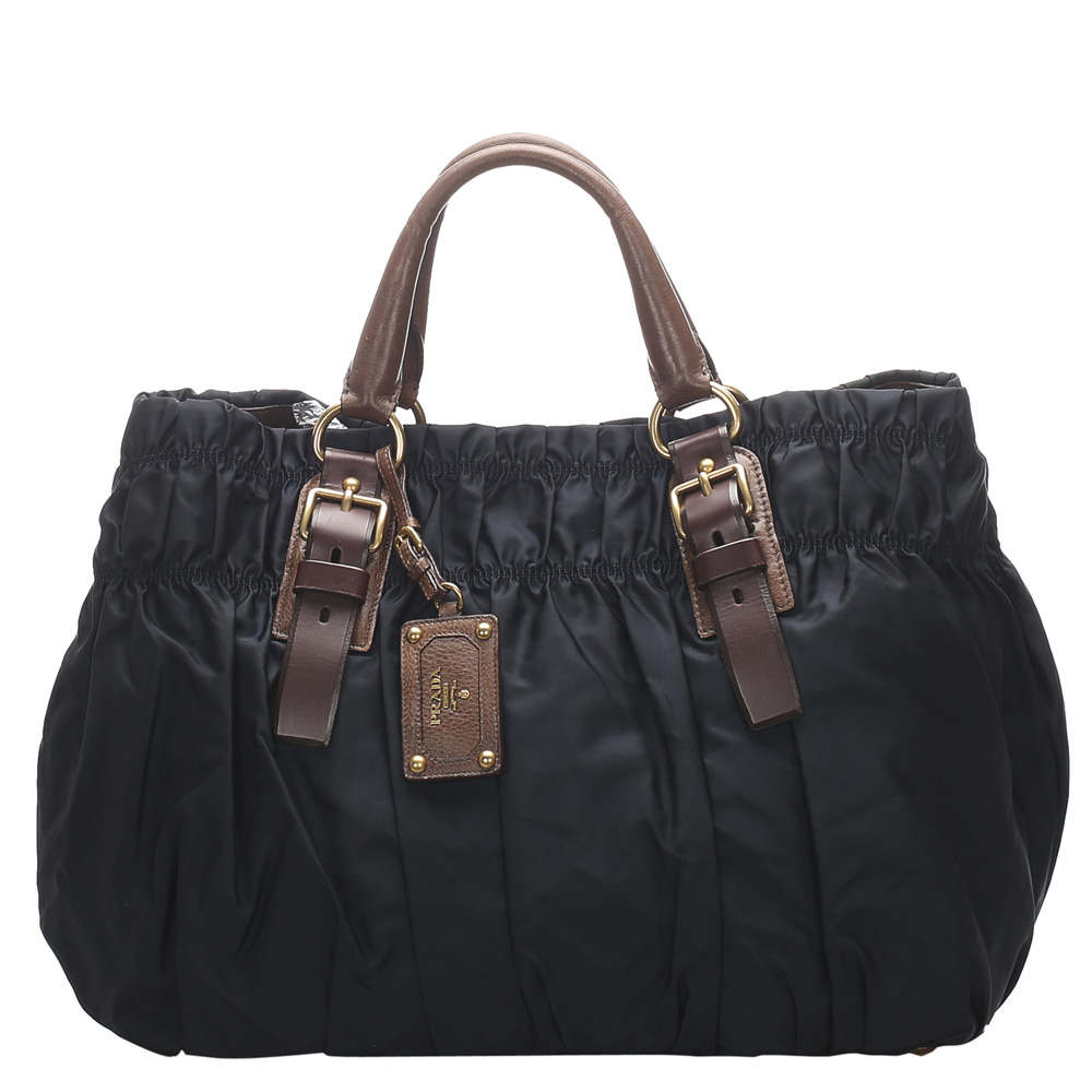 Pre Owned Prada Black/Brown Tessuto Nylon Gaufre Tote Bag