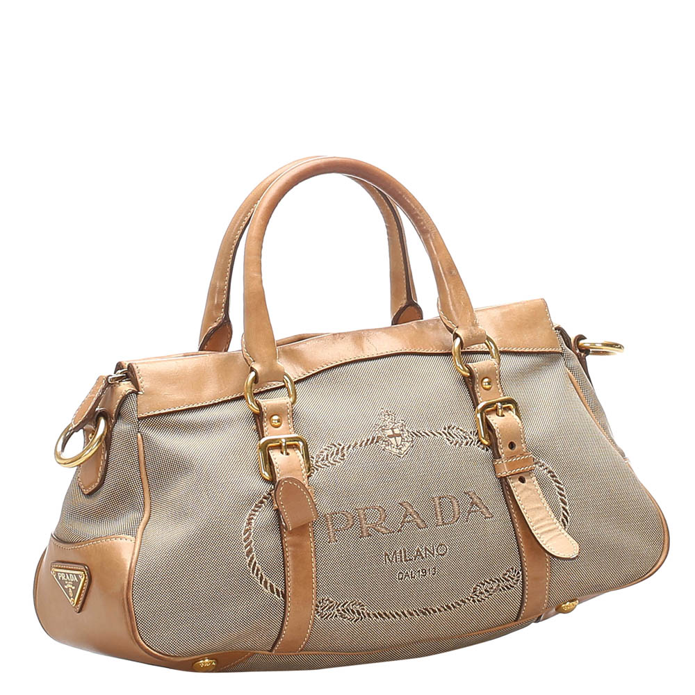

Prada Brown/Beige Canapa Canvas Leather Satchel Bag