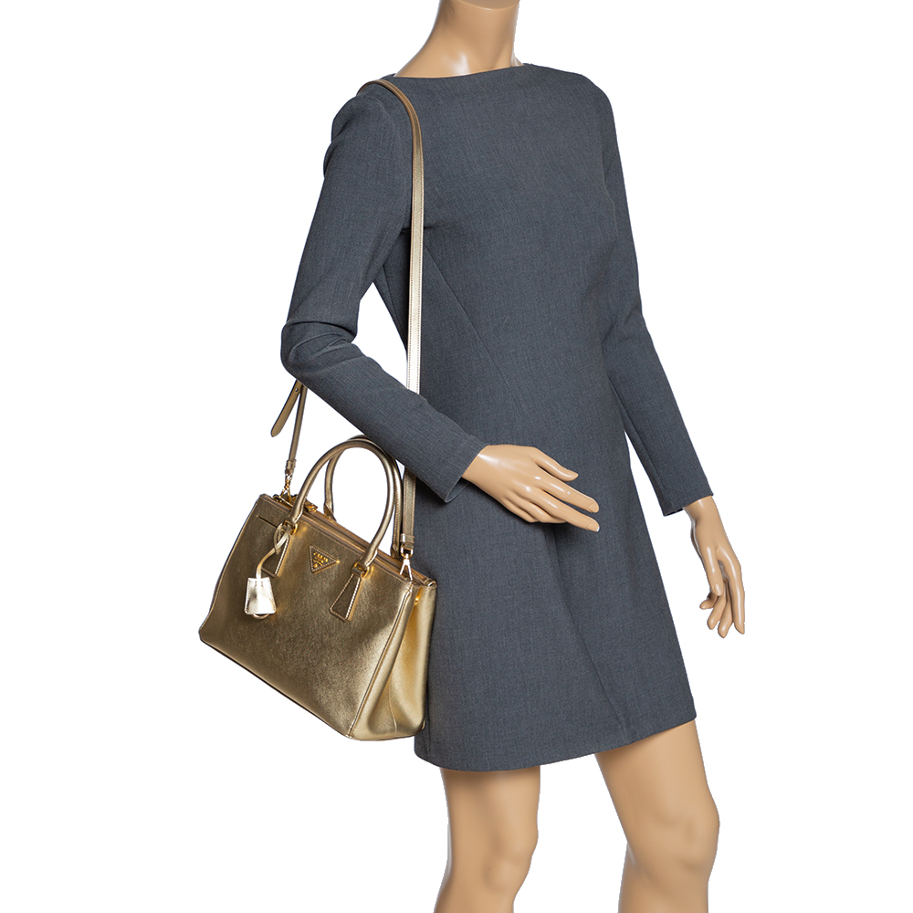 

Prada Metallic Gold Saffiano Leather Small Galleria Double Zip Tote