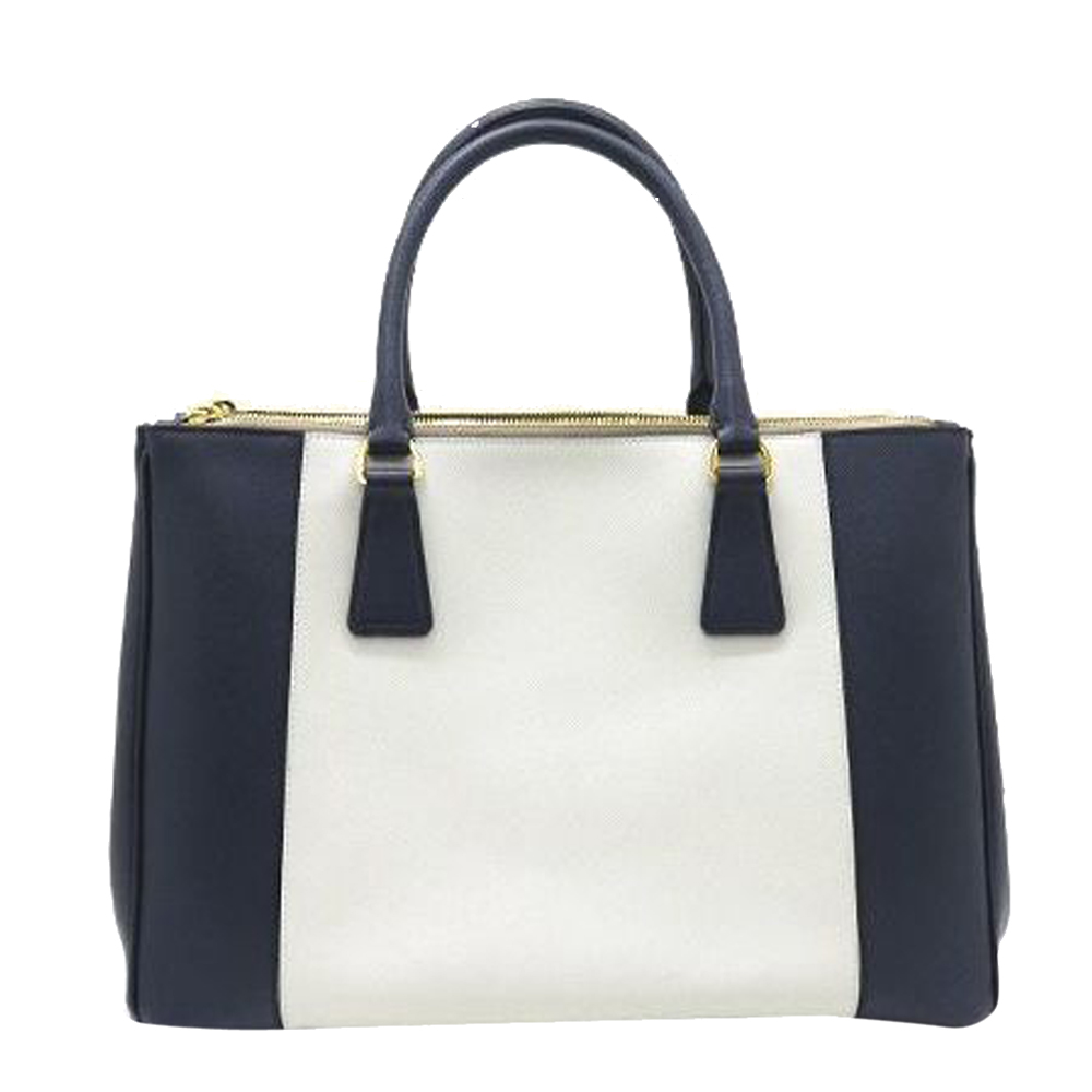 

Prada Ivory/Navy Blue Saffiano Leather Lux Double Zip Tote