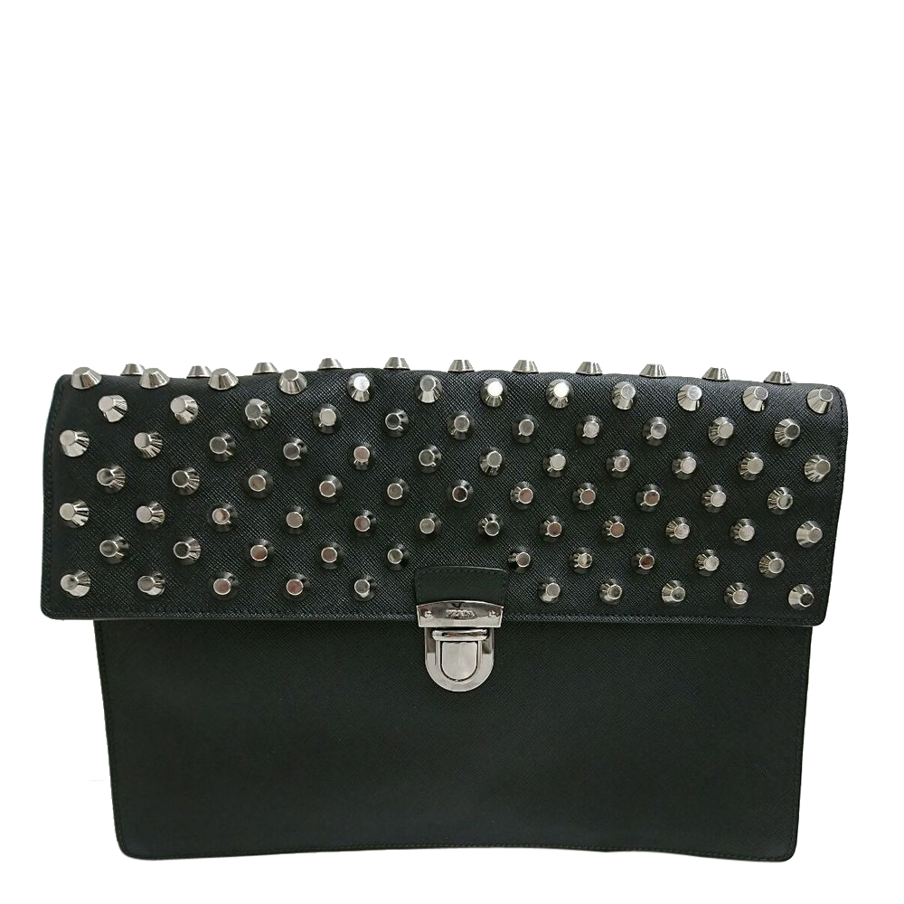 

Prada Black Saffiano Leather Studded Clutch