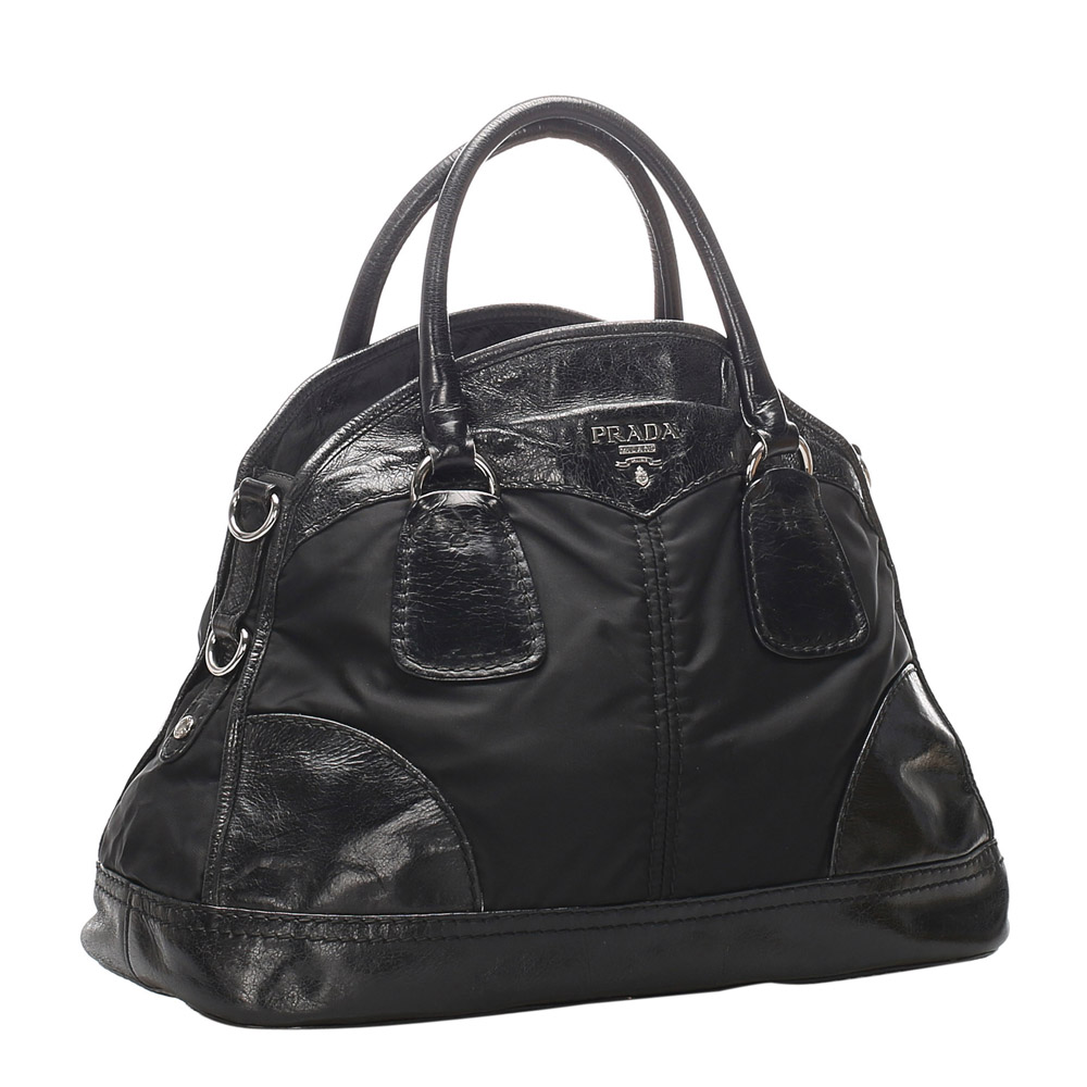 

Prada Black Leather Canvas Bauletto Satchel Bag