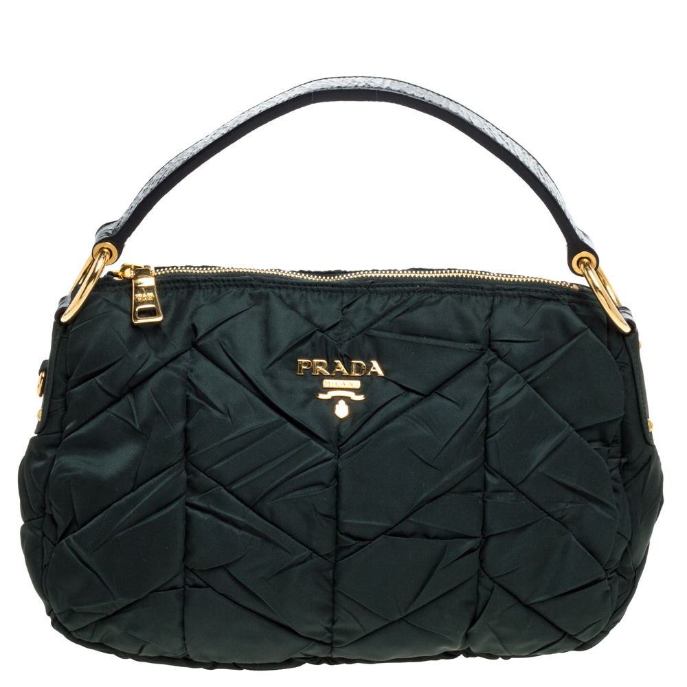 Pre-owned Prada Green Quiltin Nylon And Patent Leather Hobo