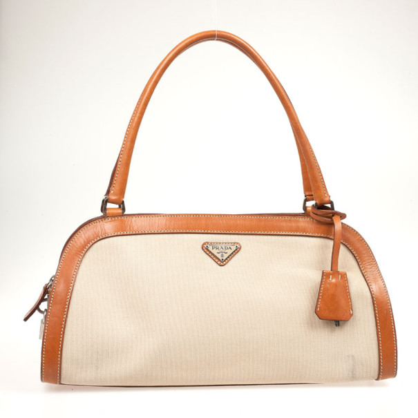 Pre Owned Prada Beige Canvas And Leather Top Handle Bag