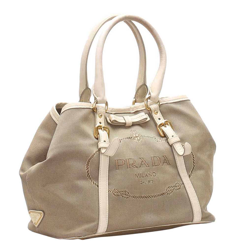 

Prada Brown Canvas Canapa Tote, Beige
