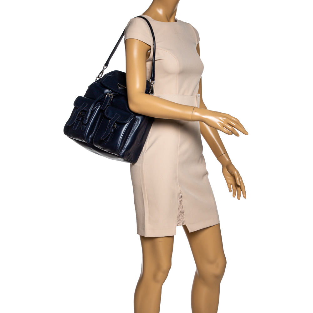 

Prada Navy Blue Leather Double Pocket Drawstring Shoulder Bag