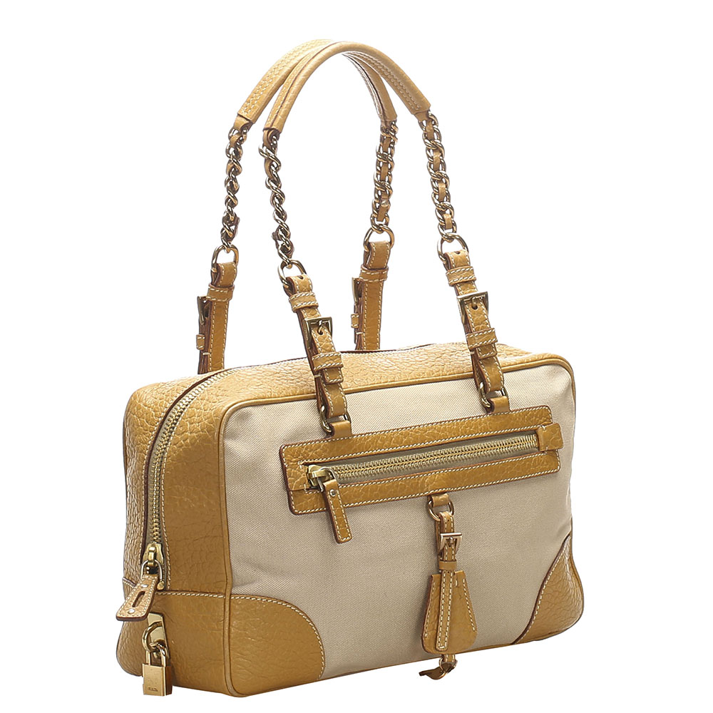 

Prada White/Brown Canvas Shoulder Bag