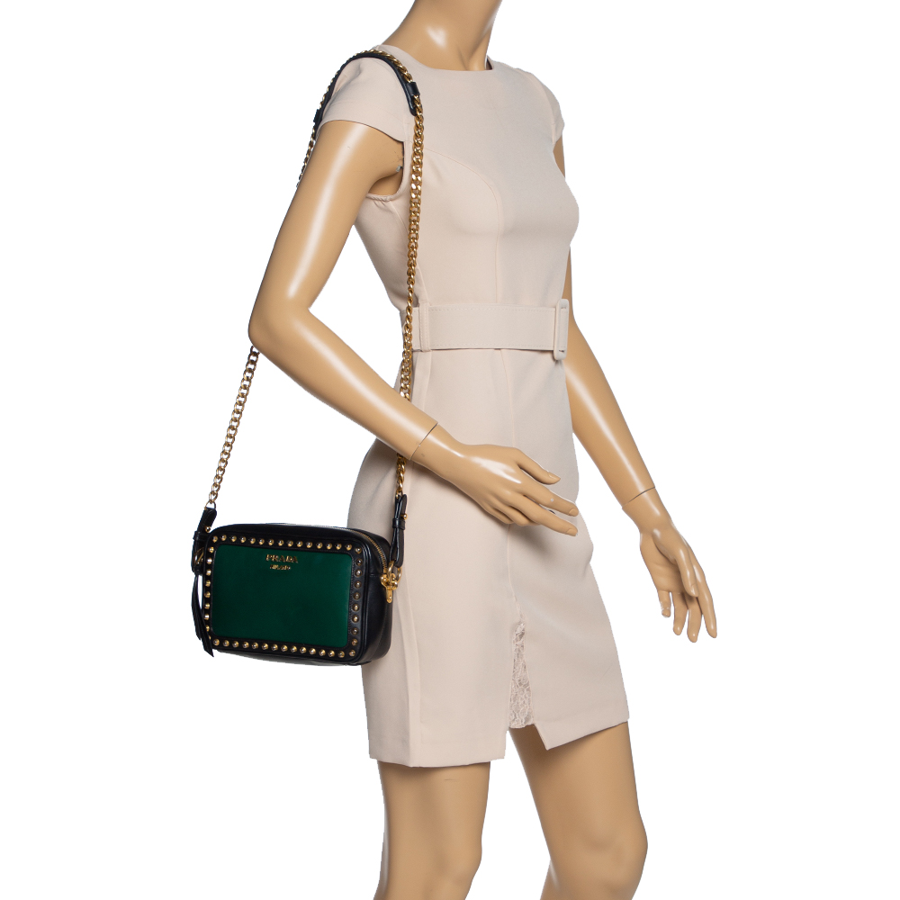 

Prada Green/Black Leather Studded Camera Crossbody Bag