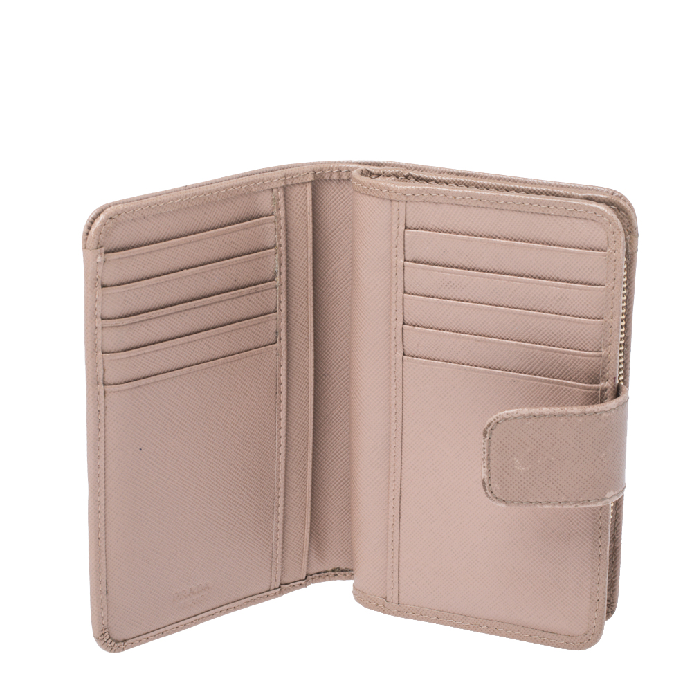 

Prada Beige Saffiano Lux Leather Zip Around Compact Wallet