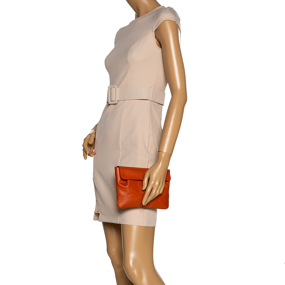 

Prada Orange Saffiano Leather Pushlock Clutch