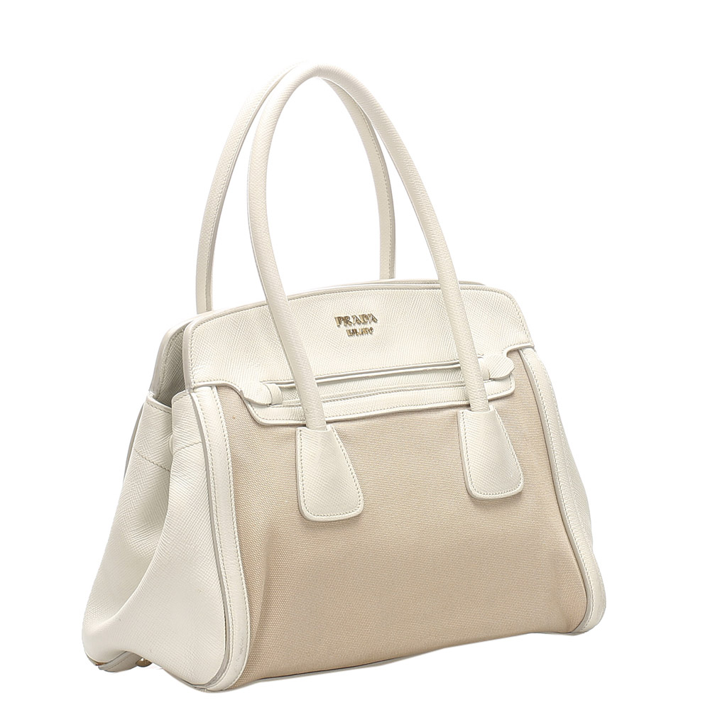 

Prada White Canvas And Leather Satchel, Beige