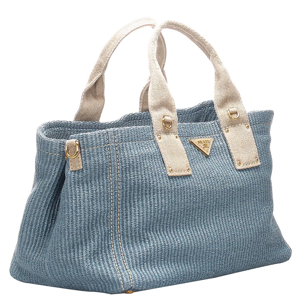 

Prada Blue/Light Blue Straw Satchel Bag, Beige