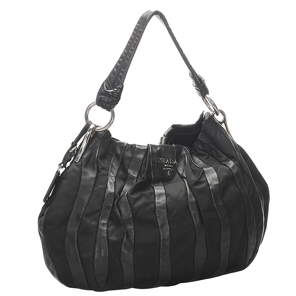 

Prada Black Leather And Tessuto Nappa Waves Hobo Bag