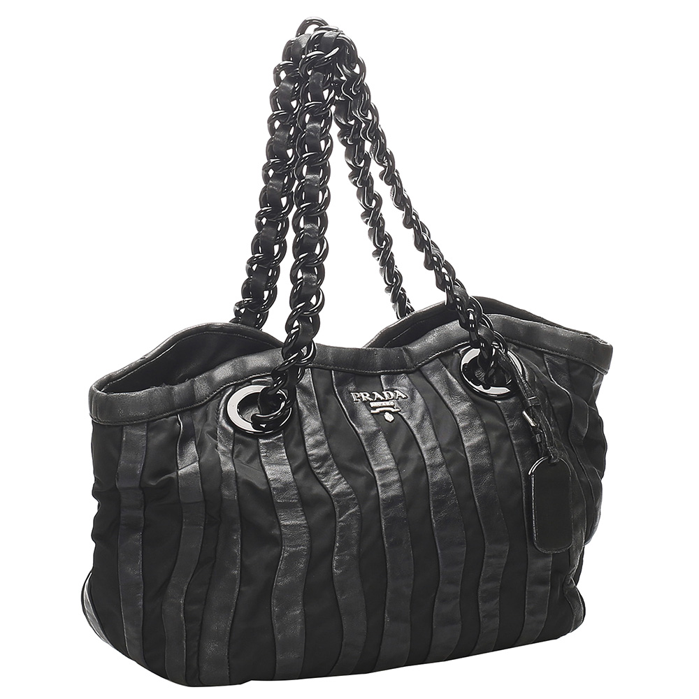 

Prada Black Leather And Tessuto Waves Chain Tote Bag