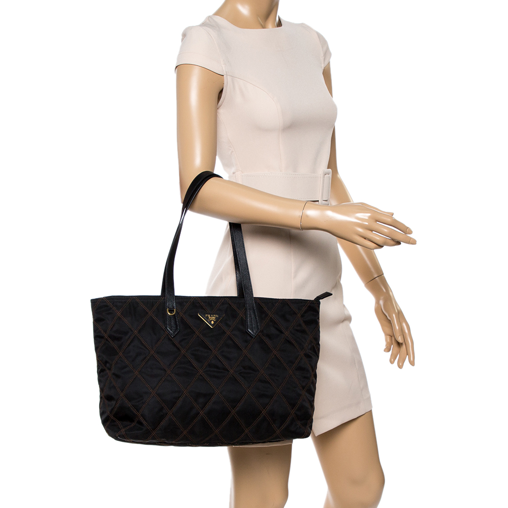 

Prada Black Quilted Nylon Top Zip Tote