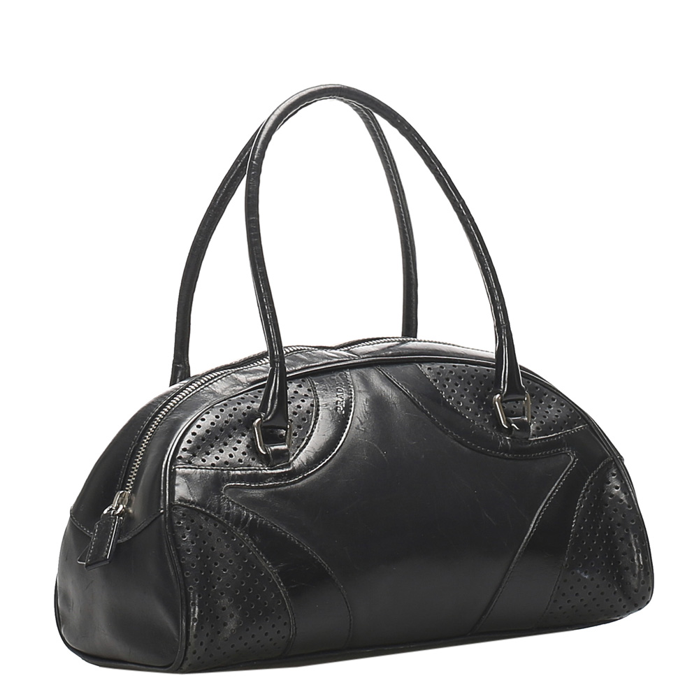 

Prada Black Leather Vitello Daino Bowler Bag