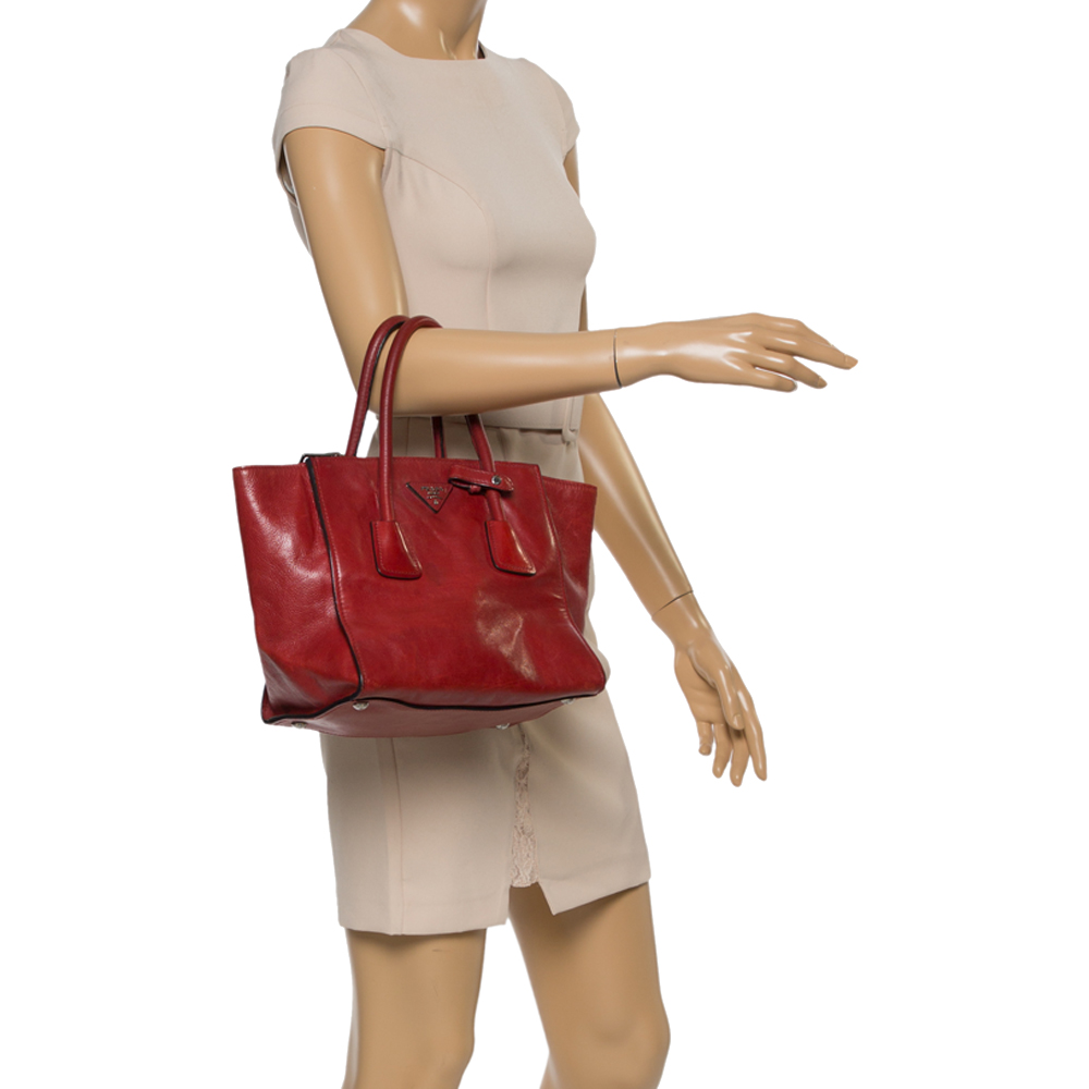 

Prada Red Leather Twin Pocket Double Handle Tote