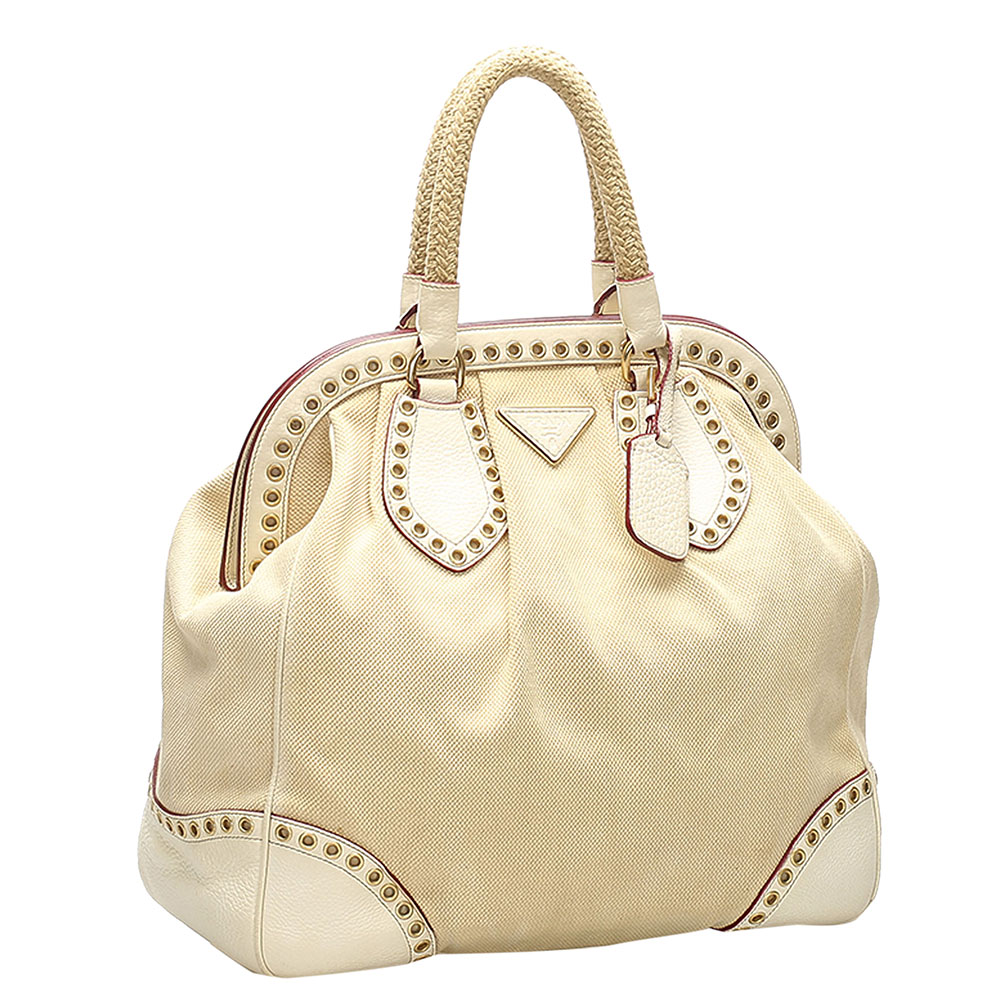 

Prada White Canvas Leather Grommet Frame Top Handle Bag, Beige