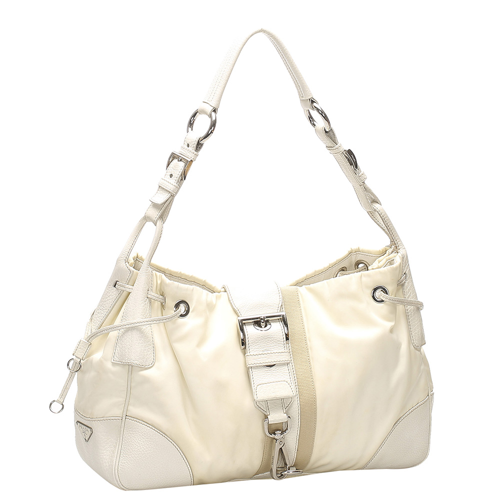 

Prada White Nylon and Leather Hobo Bag, Beige