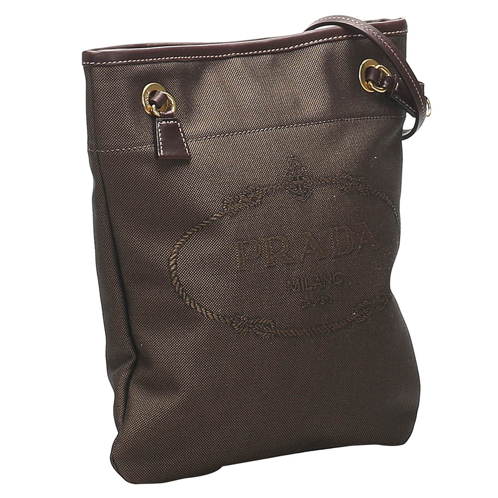 

Prada Brown Leather-trimmed Canapa Logo Tote Bag