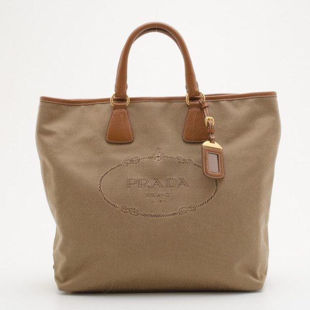 Pre Owned Prada Beige Logo Jacquard Hobo