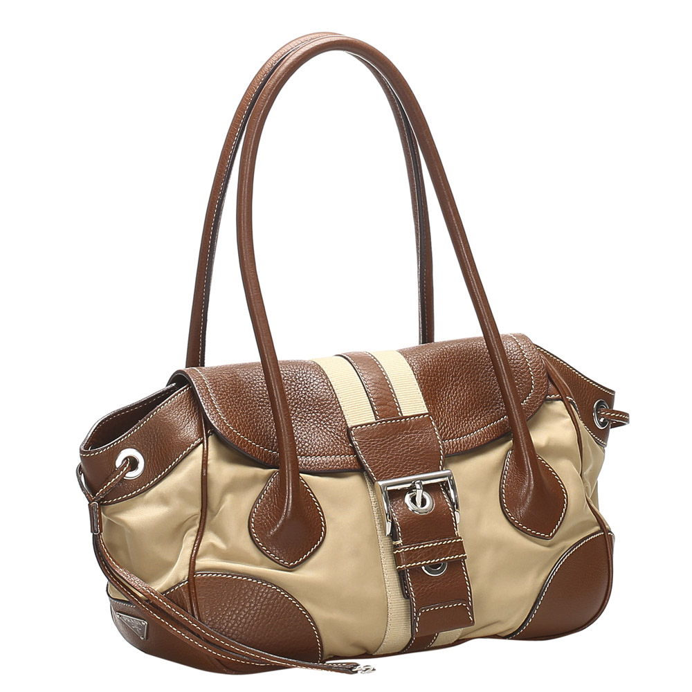 

Prada Brown/Beige Leather-trimmed Nylon Tessuto Bag