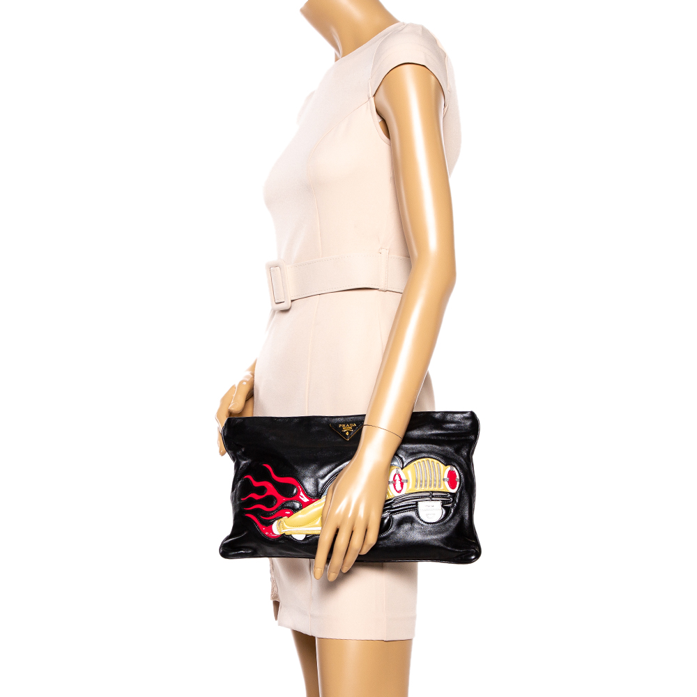 

Prada Black Leather Car-Applique Clutch