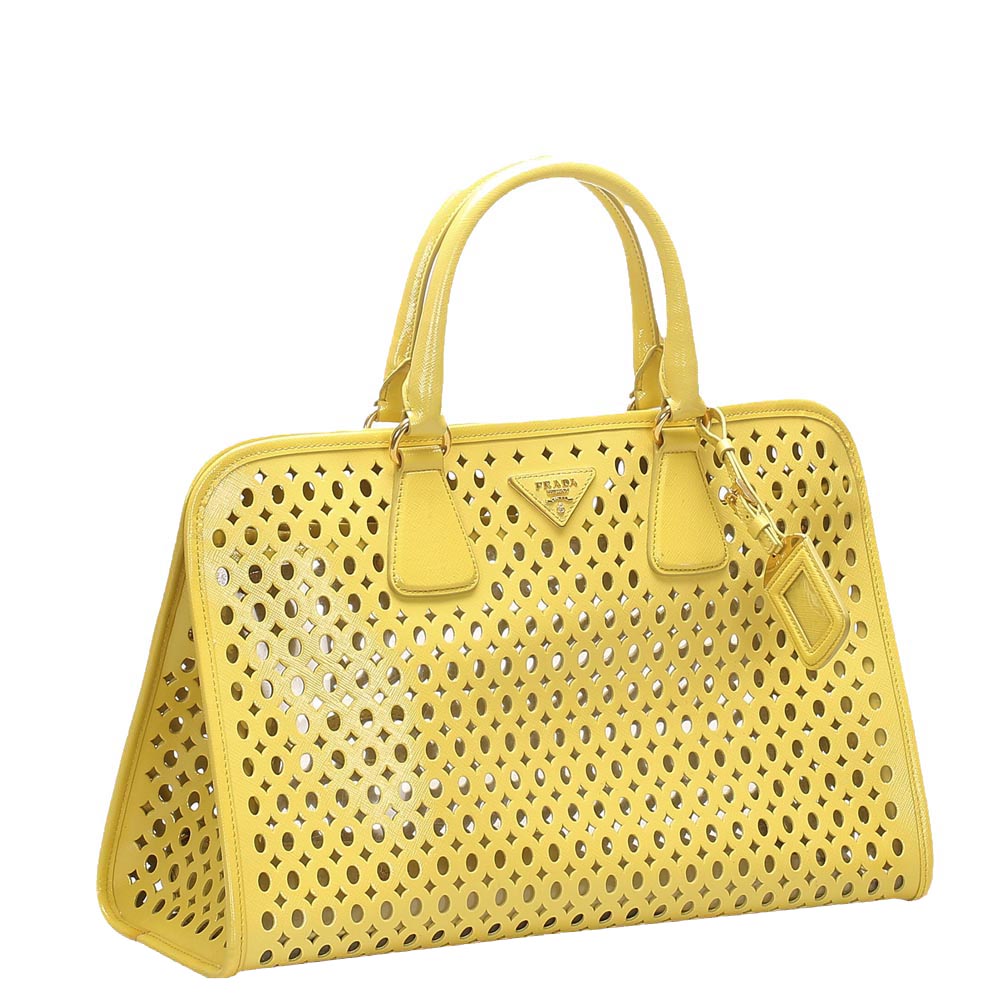 

Prada Yellow Perforated Saffiano Vernice Leather Fori Tote Bag