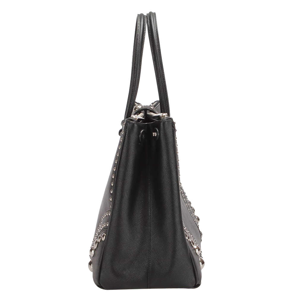 

Prada Black Studded Saffiano Leather Double Zip Tote Bag