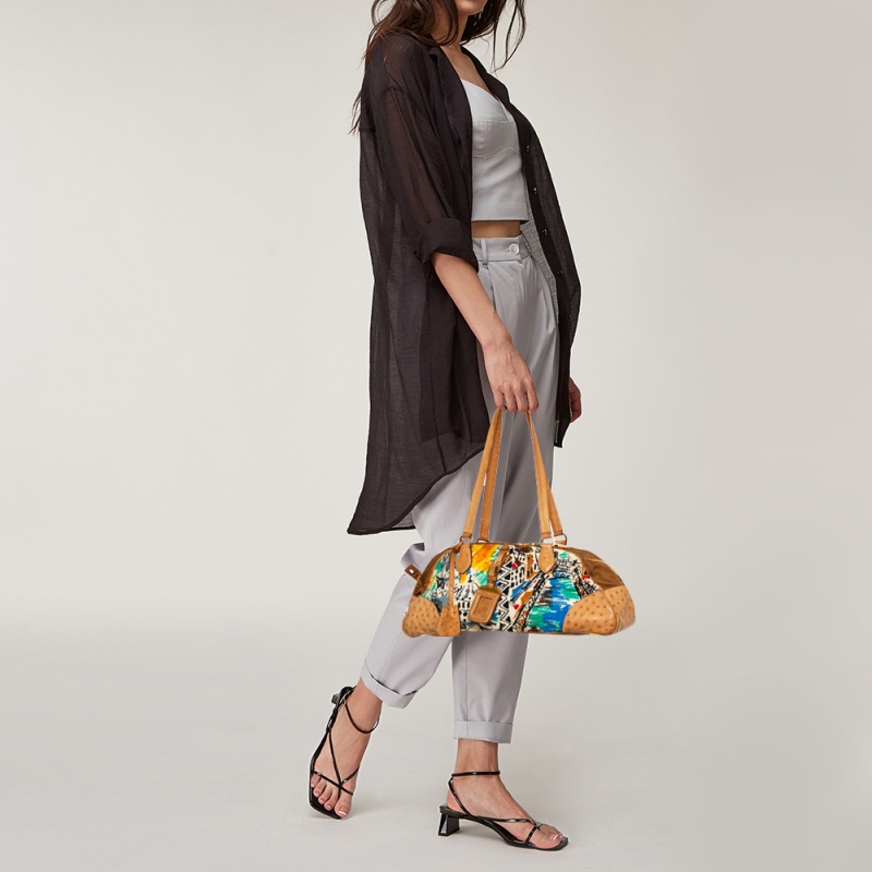 

Prada Multicolor Canvas and Ostrich Zip Satchel