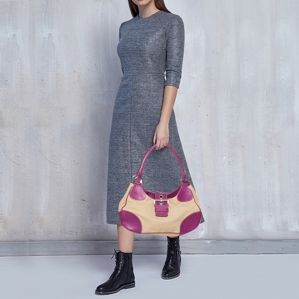 

Prada Purple/Beige Canvas and Leather Buckle Flap Shoulder Bag